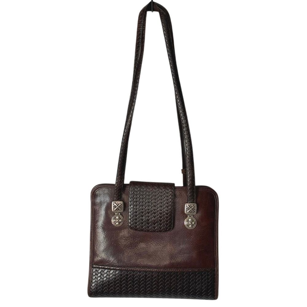 Vintage Brighton Brown Leather Purse Handbag Tote Woven Embossed Pattern 923552